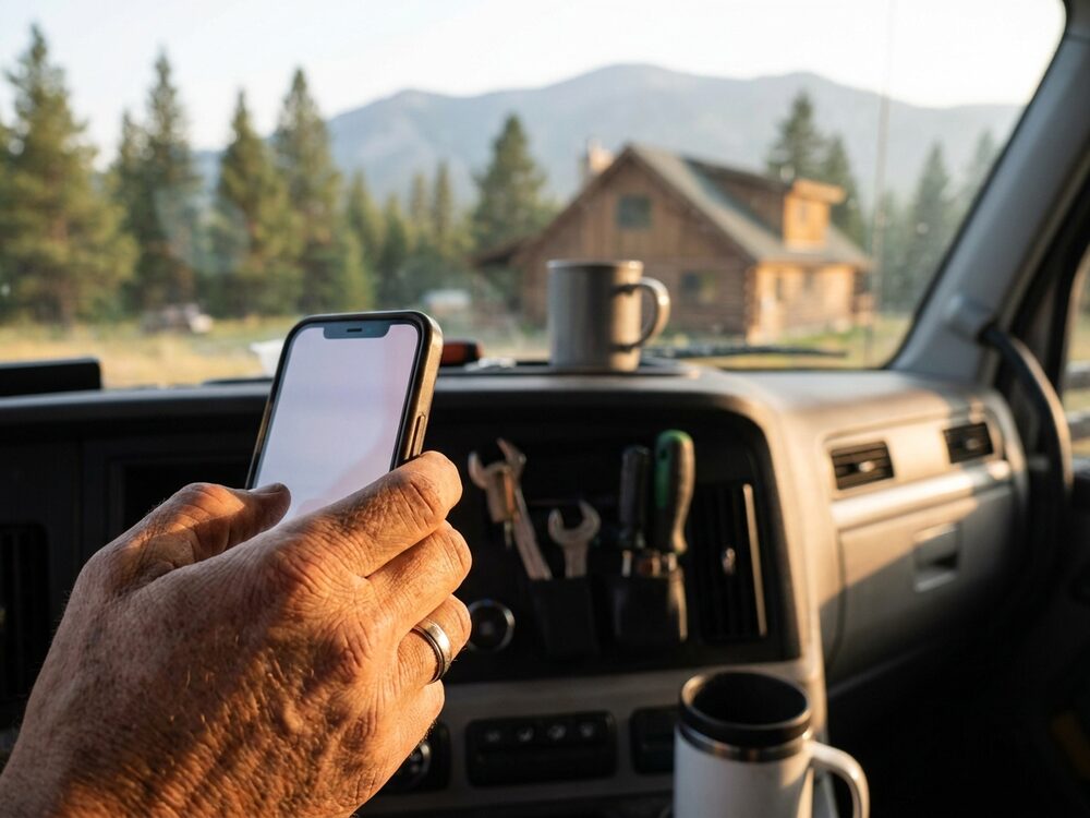 Contractor answering the phone in a work truck in northeast Wyoming